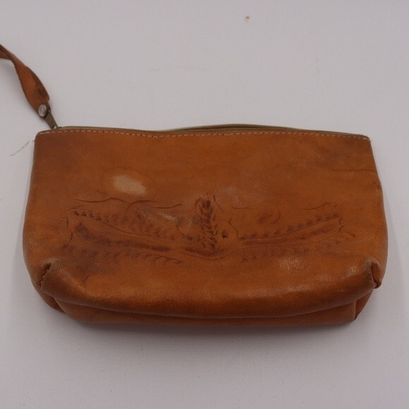 Vintage Sergios Collection Small Leather Zipper Pouch Bag Natural Tooled Leather - Picture 2 of 14
